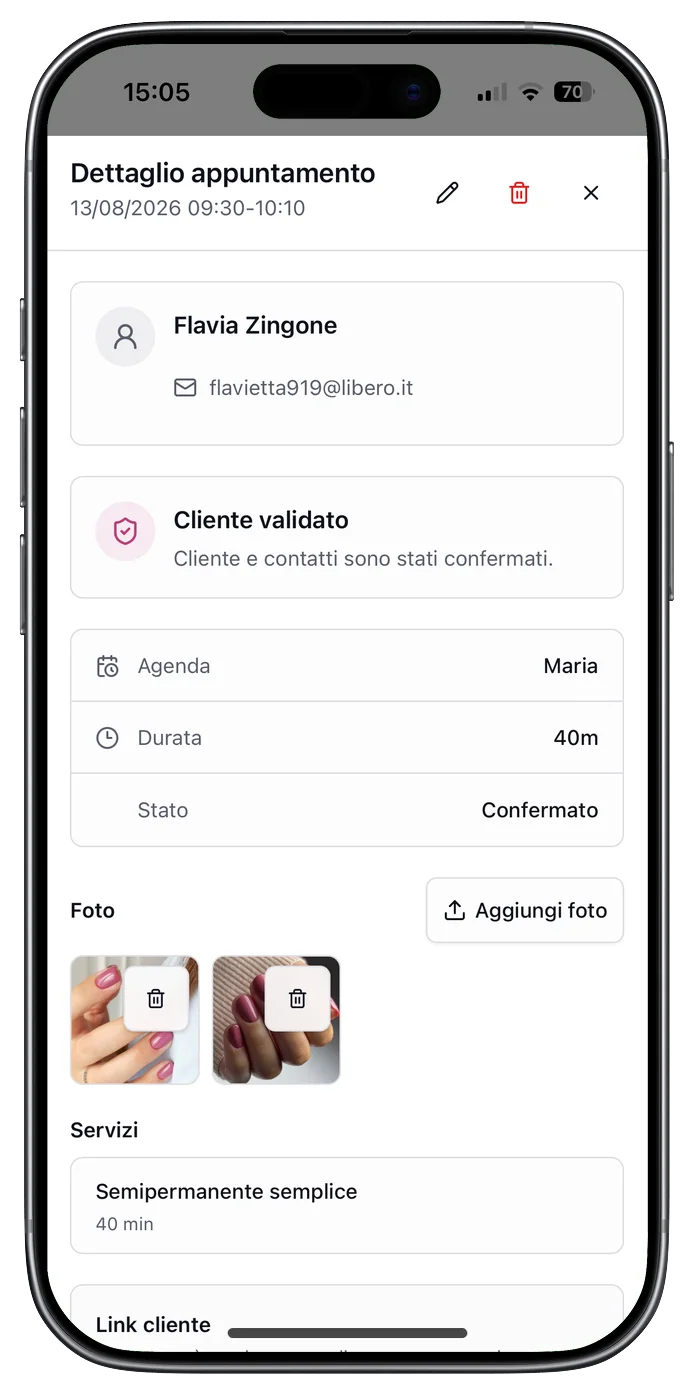 Dettaglio di un appuntamento con cliente, agenda, durata, foto e servizio