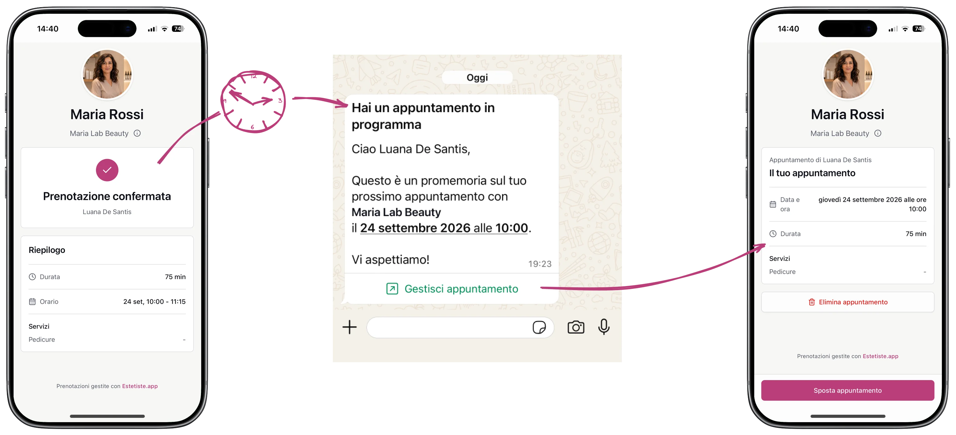 Flusso post prenotazione: conferma, reminder WhatsApp e pagina per spostare l'appuntamento