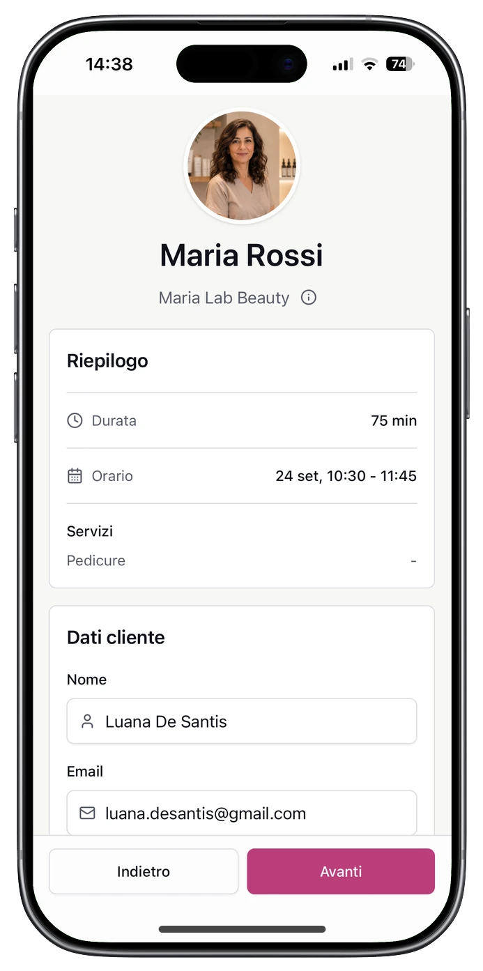 Riepilogo e dati della cliente prima della conferma