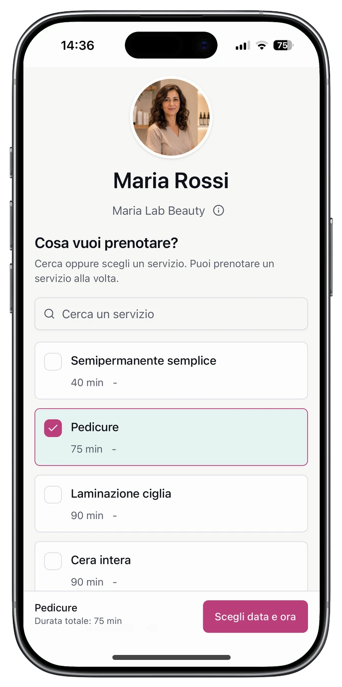 Pagina di Maria Lab Beauty per scegliere il trattamento