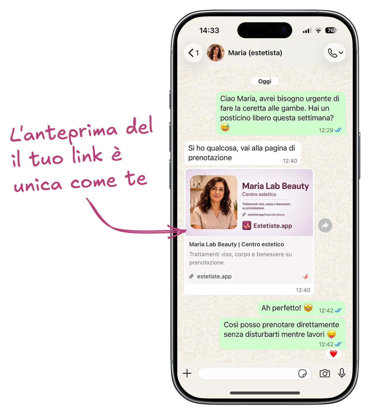 Anteprima del link Maria Lab Beauty condiviso su WhatsApp, con annotazione