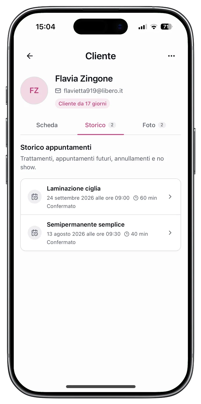 Storico degli appuntamenti e dei trattamenti della cliente